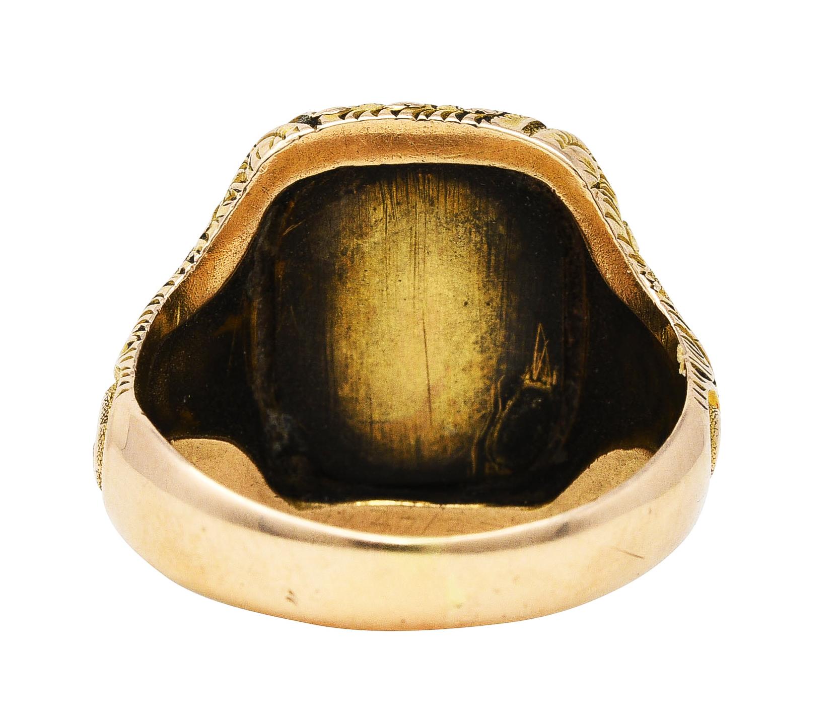 Women's or Men's 1900 Victorian 14 Karat Yellow Gold Scrolling Cushion Signet Ring