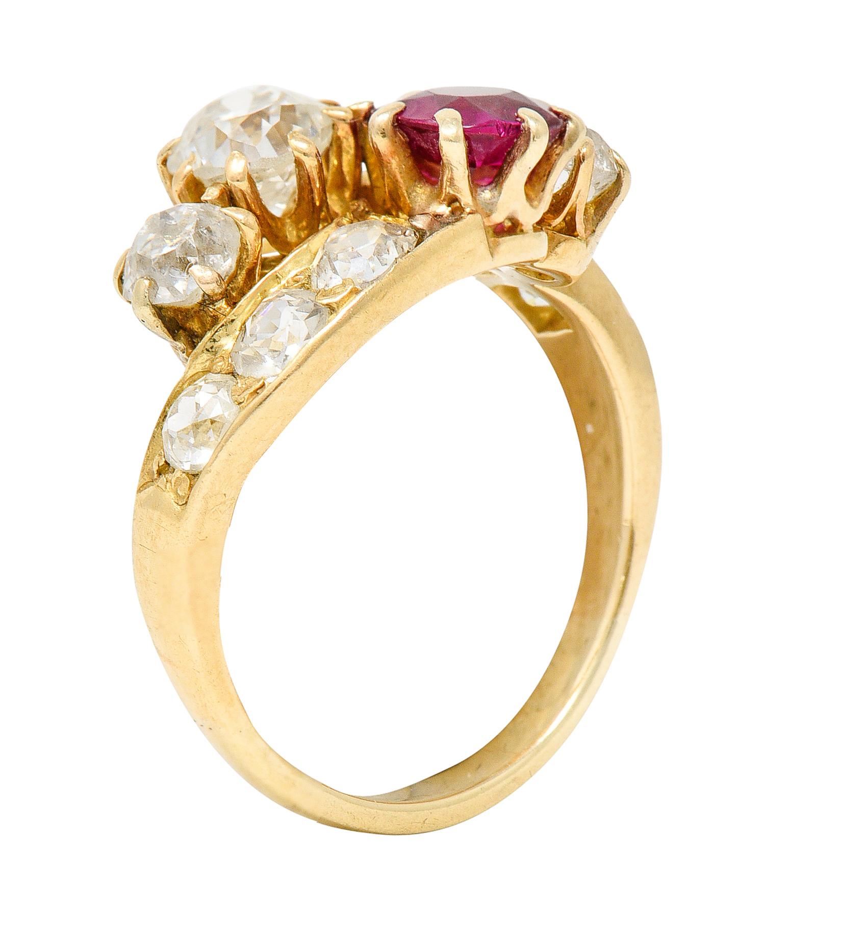 1900 Victorian 1.90 Carats Diamond Ruby 14 Karat Yellow Gold Bypass Ring 5