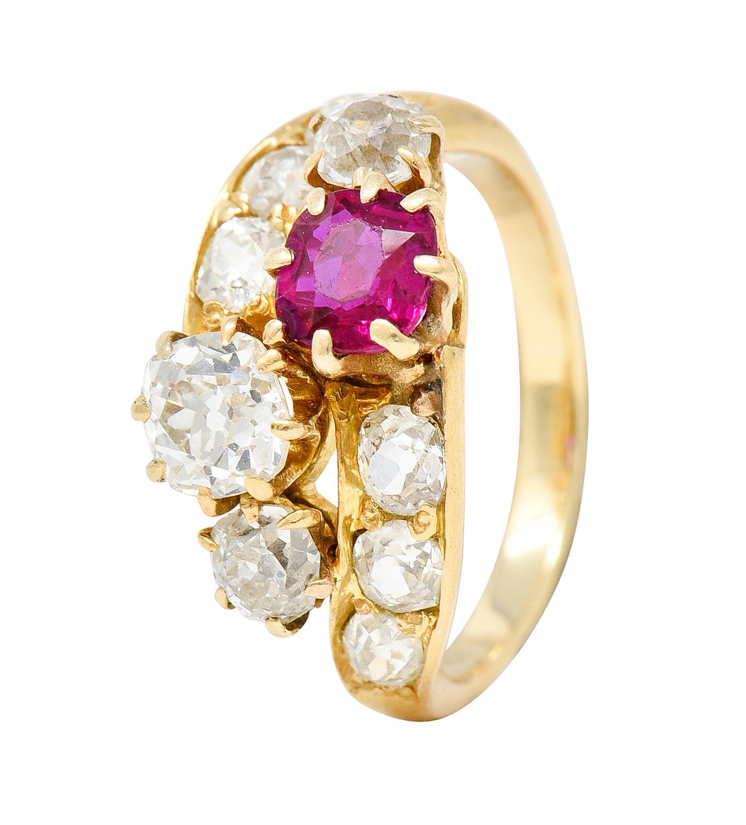 1900 Victorian 1.90 Carats Diamond Ruby 14 Karat Yellow Gold Bypass Ring 2