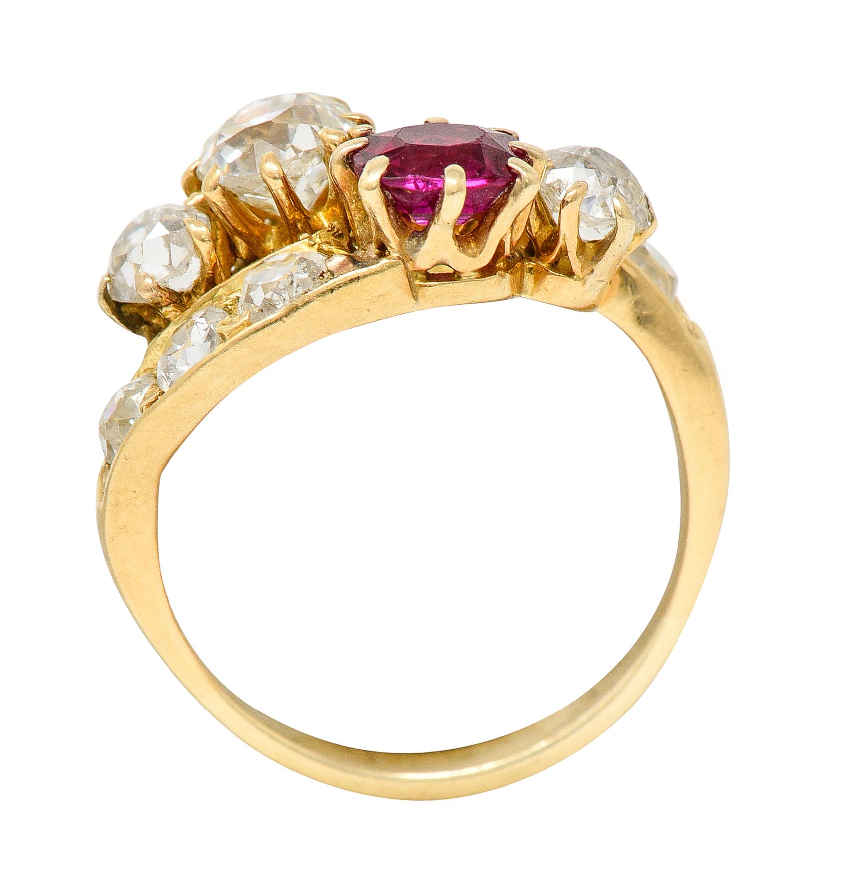 1900 Victorian 1.90 Carats Diamond Ruby 14 Karat Yellow Gold Bypass Ring 3