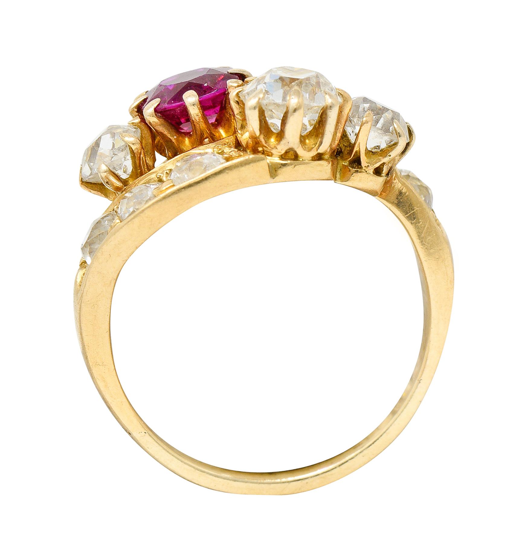 1900 Victorian 1.90 Carats Diamond Ruby 14 Karat Yellow Gold Bypass Ring 4