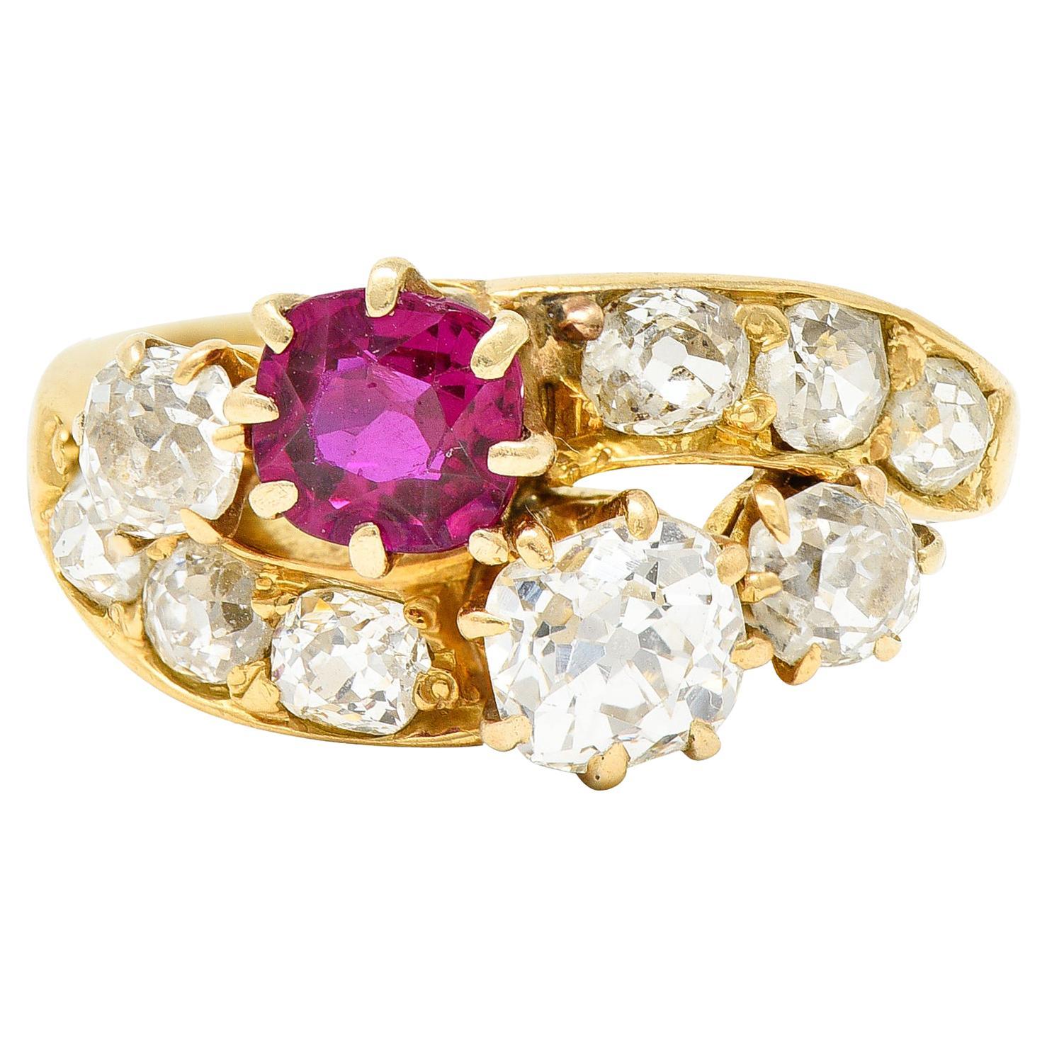 1900 Victorian 1.90 Carats Diamond Ruby 14 Karat Yellow Gold Bypass Ring