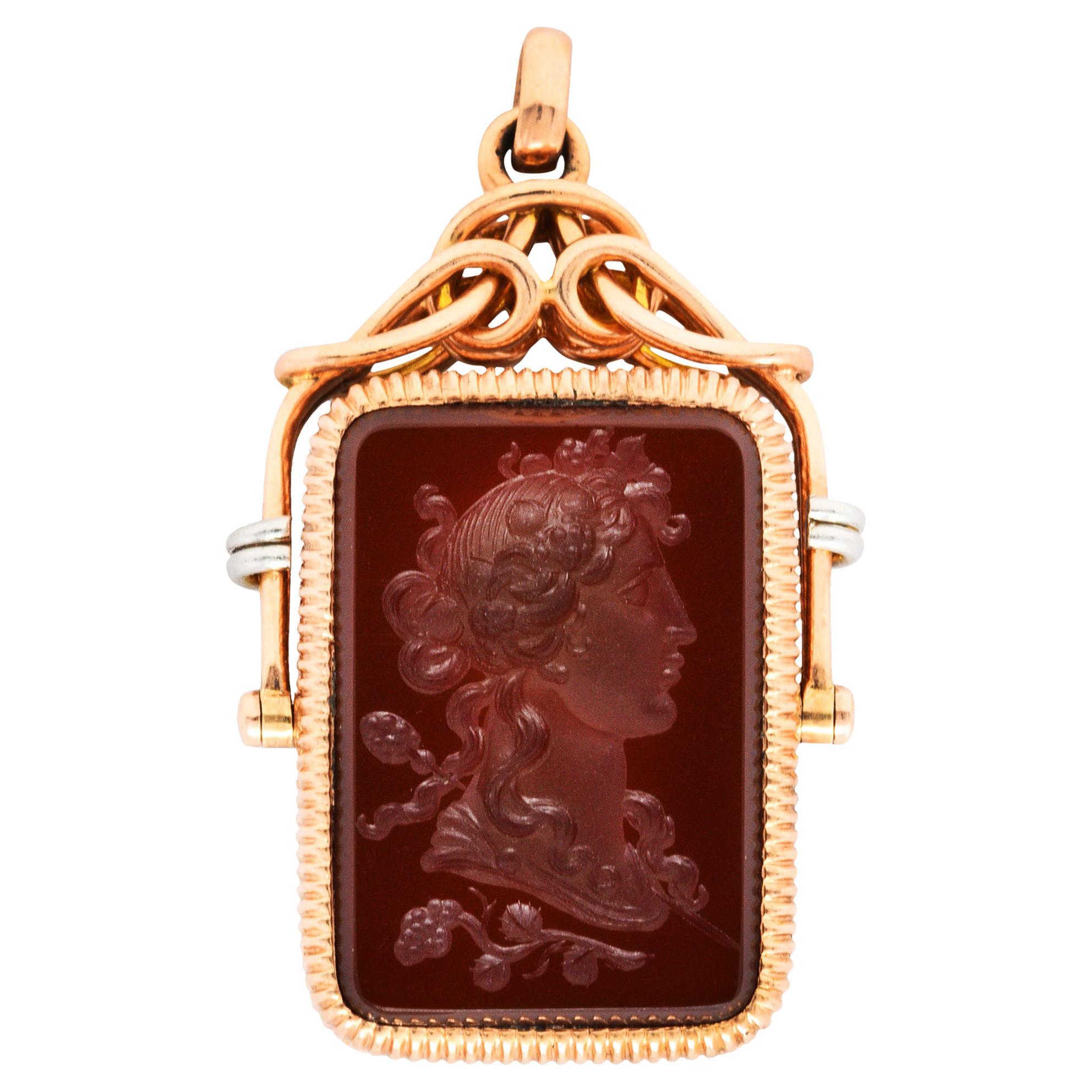 1900 Victorian Carnelian Sard Platinum 14 Karat Rose Gold Intaglio Locket