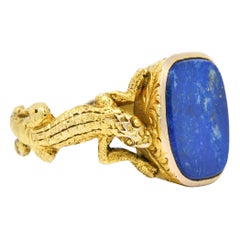1900 Victorian Lapis Lazuli 14 Karat Yellow Gold Lizard Signet Ring