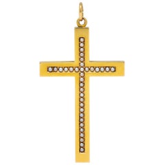 1900 Victorian Natural Freshwater Pearl 14 Karat Gold Cross Pendant