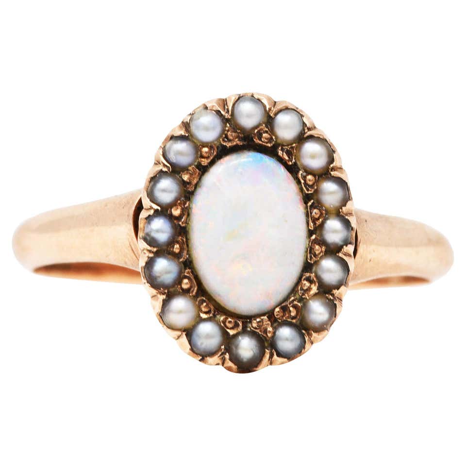 1900 Victorian Opal Seed Pearl 14 Karat Rose Gold Cluster Ring at 1stDibs