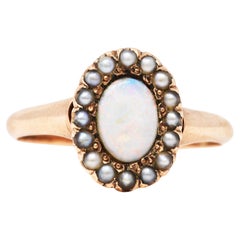1900 Victorian Opal Seed Pearl 14 Karat Rose Gold Cluster Ring