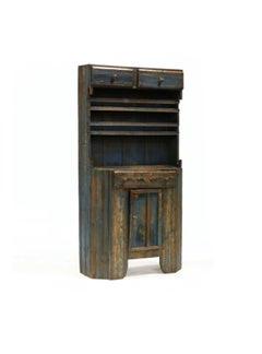 1900 Vintage French Country Teal Painted Step-Back Cupboard
