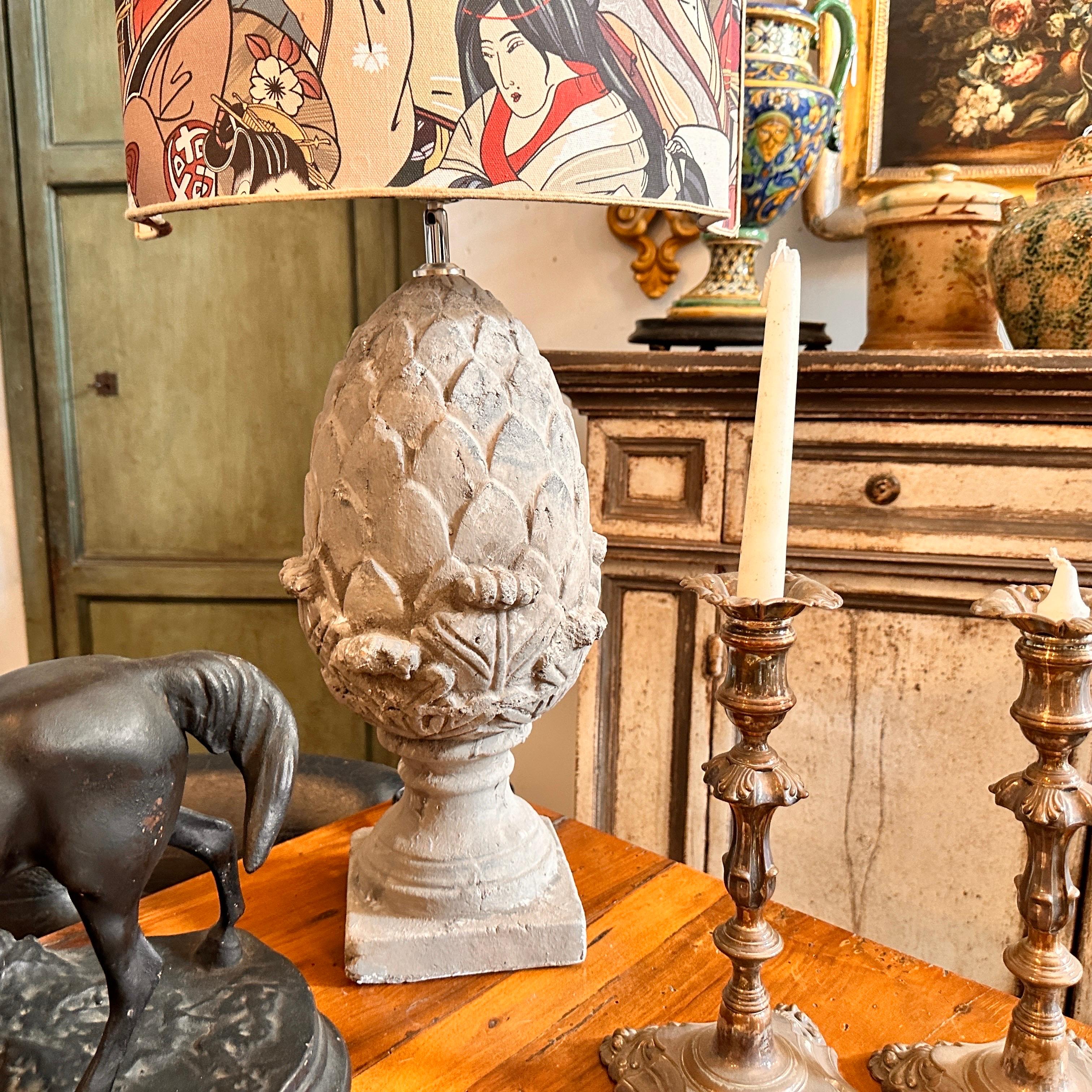 Art Nouveau 1900 White Mixed Stone Decorative Pine Cone Transformed in Table Lamp For Sale