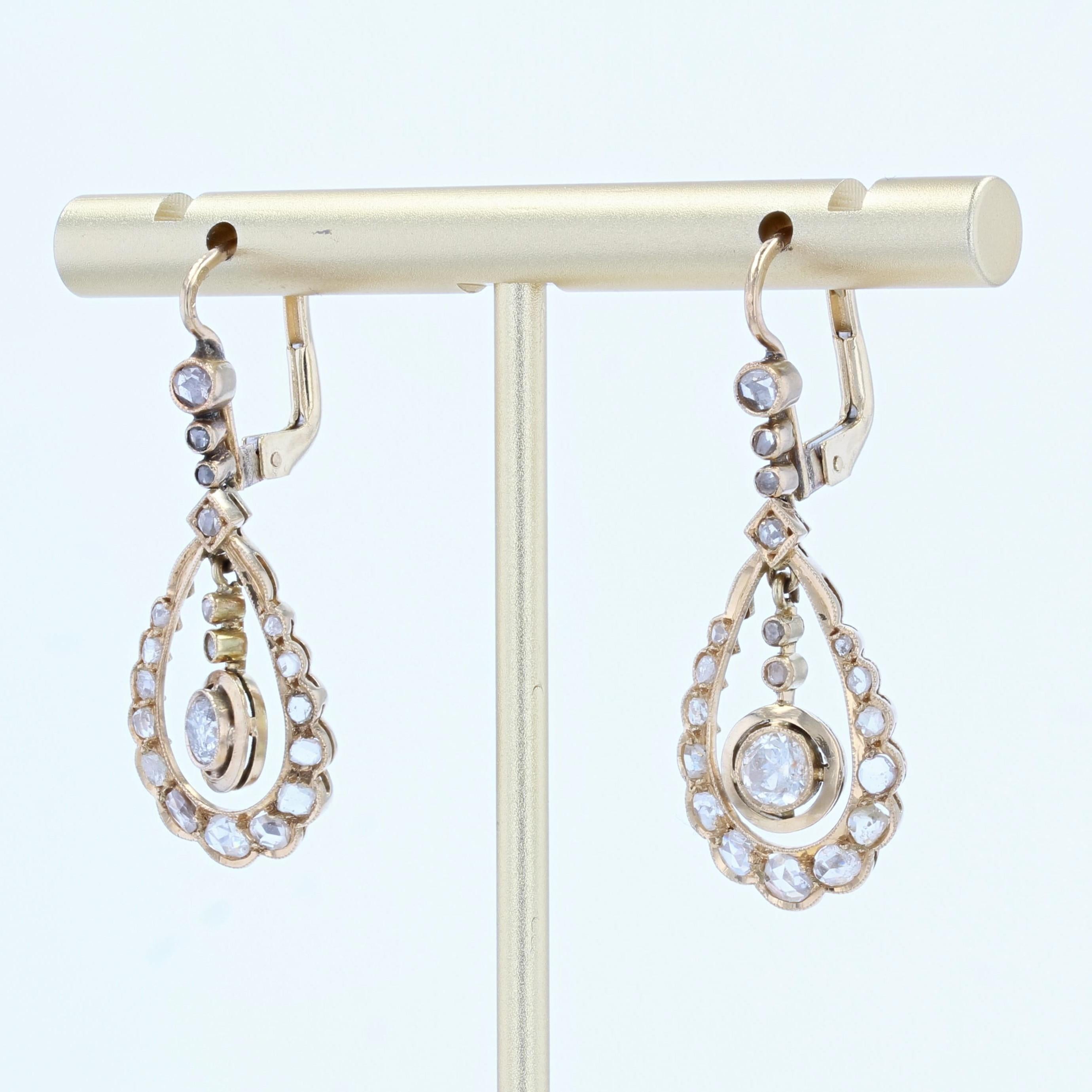 Rose Cut 1900s 1.20 Carat Diamonds 18 Karat Yellow Gold Dangle Earrings