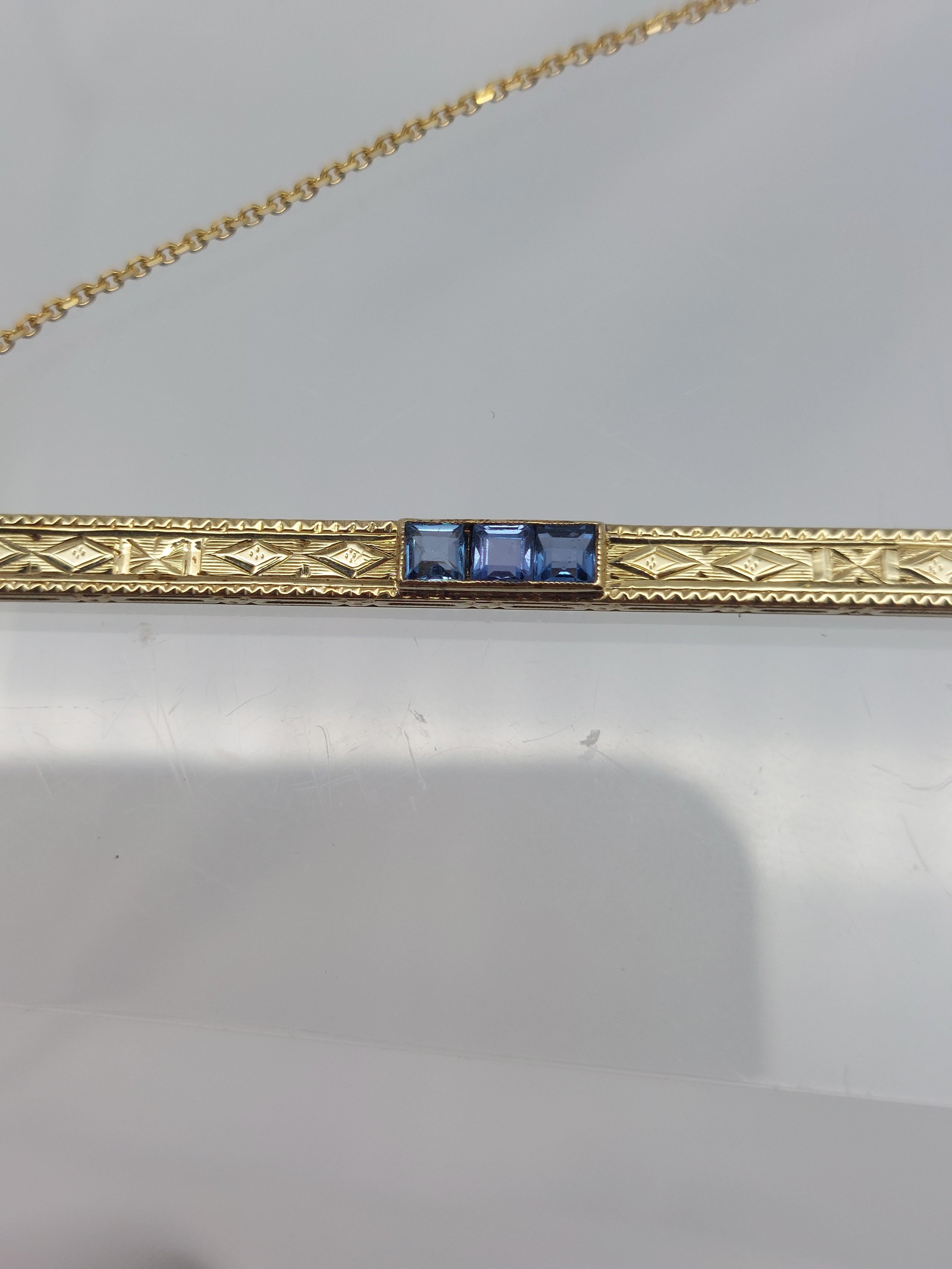 1900's 14 Karat Gelbgold graviert Saphir Bar Halskette (Viktorianisch) im Angebot