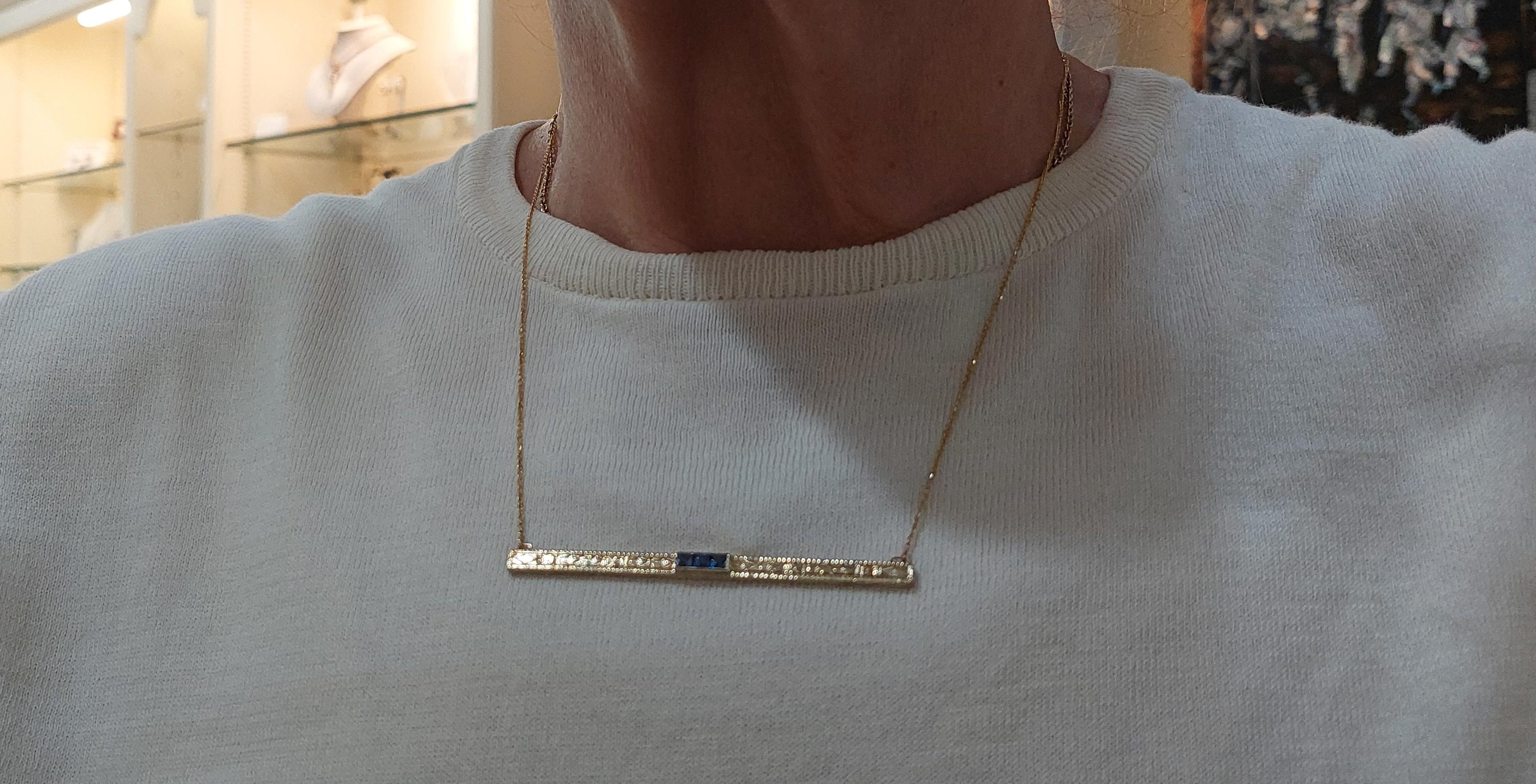 1900's 14 Karat Gelbgold graviert Saphir Bar Halskette (Carréeschliff) im Angebot