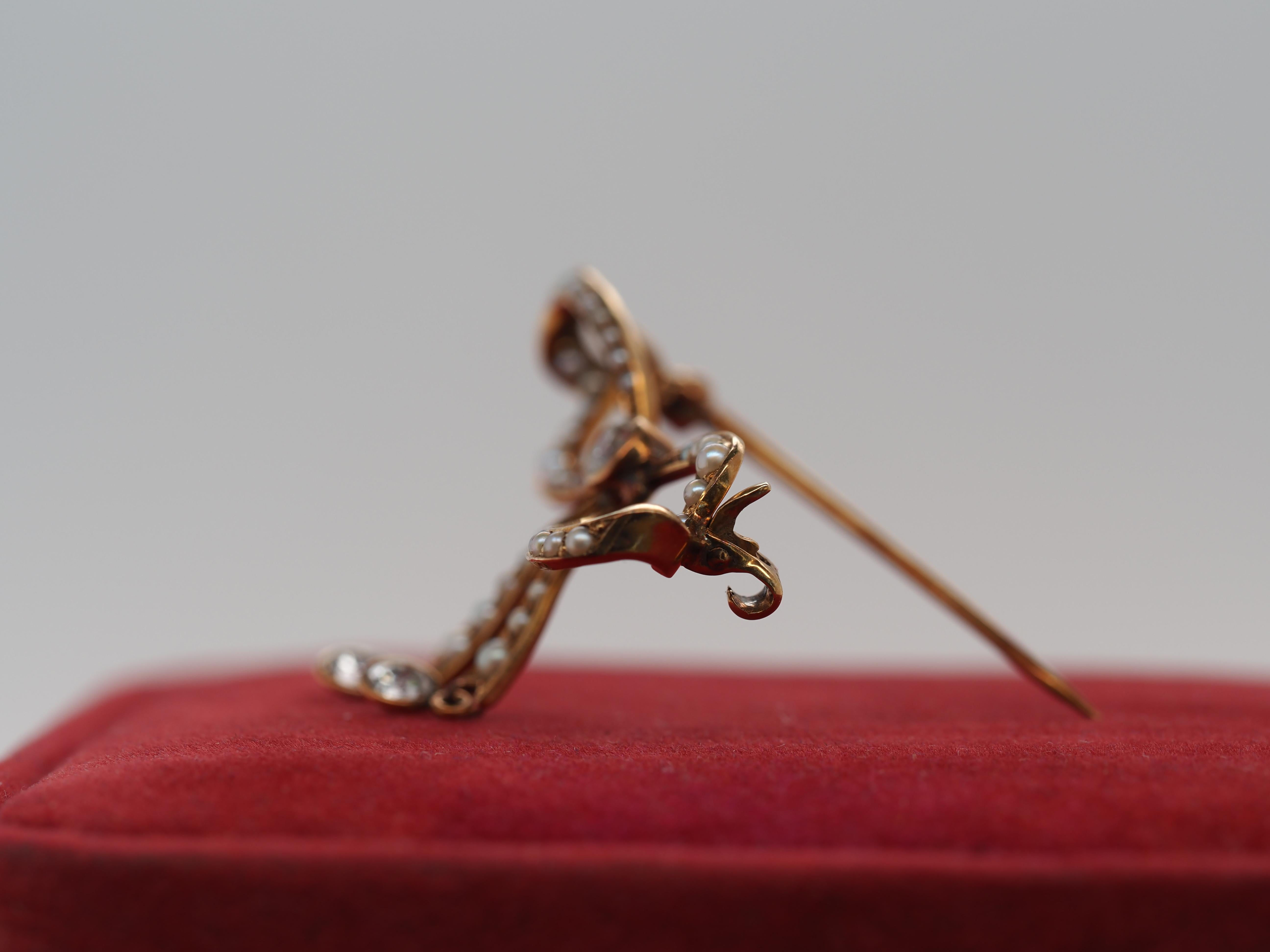 Edwardian 1900s 14k Rose Gold Pearl and Old European Cut Diamond Ribbon Bow Brooch For Sale