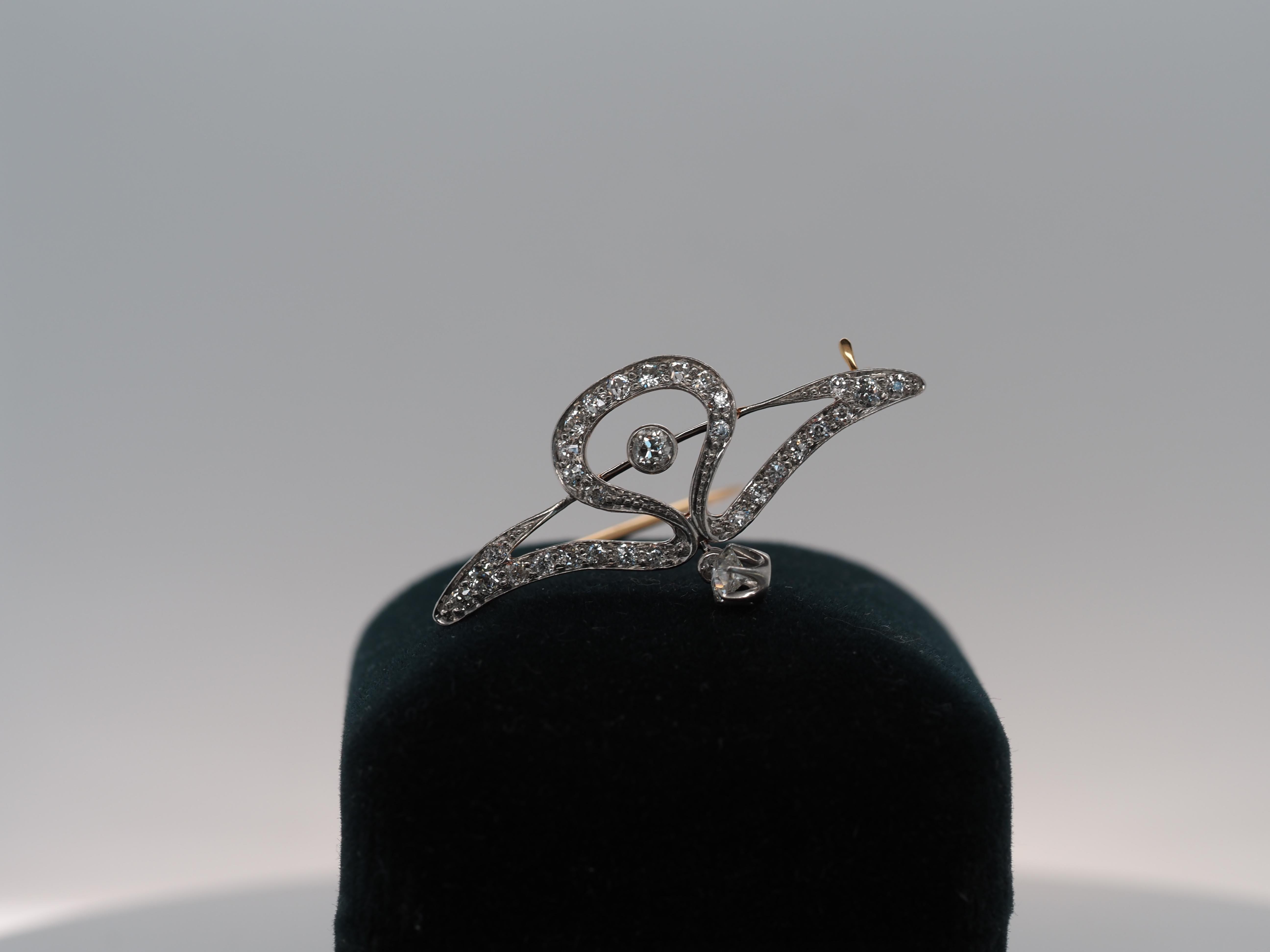 Item Details:
Metal Type: 14K Yellow Gold and Platinum [Hallmarked, and Tested]
Weight: 4.0 grams
Diamond Details:
Weight: .90ct, total weight
Cut: Old European Brilliant
Color: H
Clarity: VS
Pin Measurements: 1.5inch wide x 1inch long
Condition: