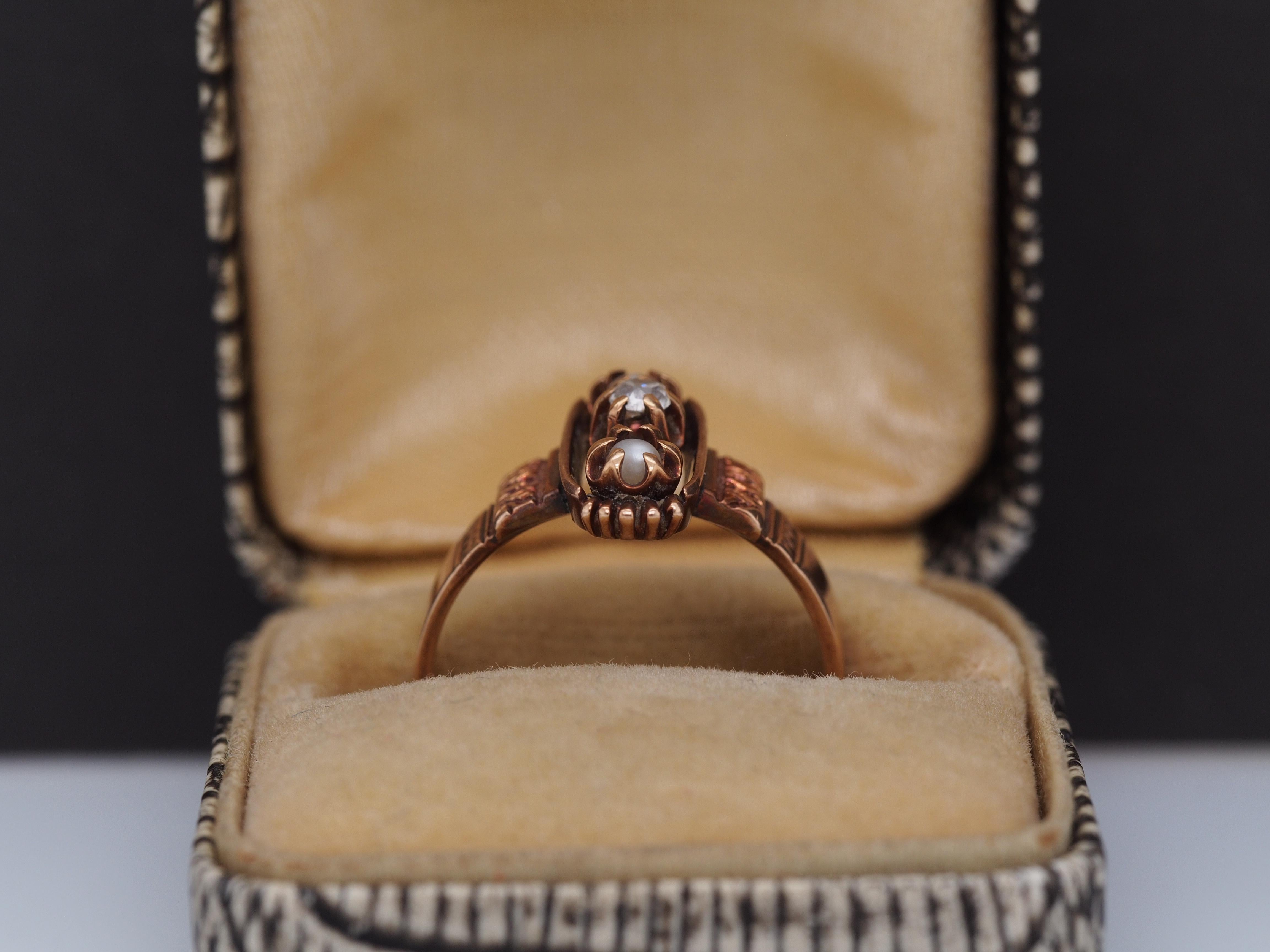 1900s 14K Yellow Gold Diamond and Pearl Ring For Sale 1