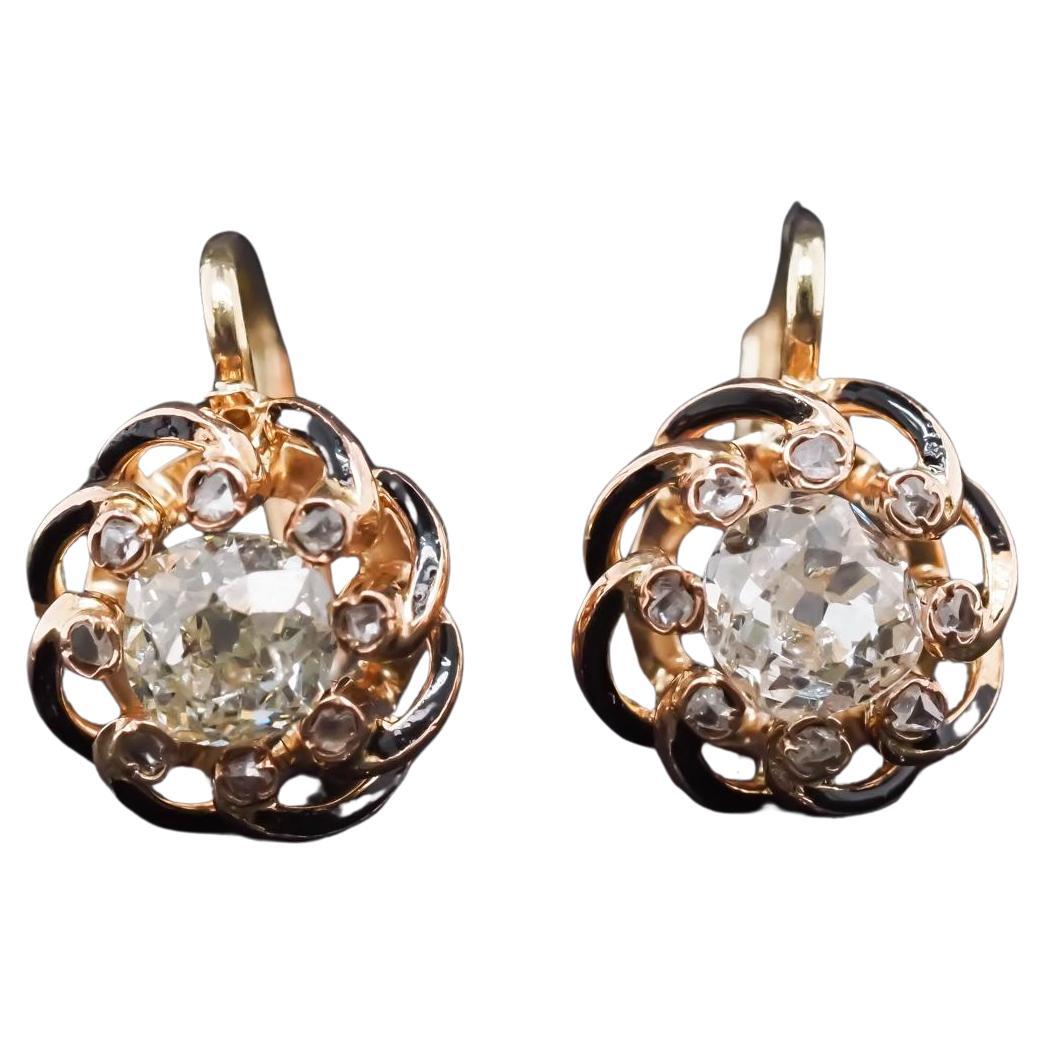 Boucles d'oreilles anciennes des années 1900 en or jaune 14 carats, diamants et émail
