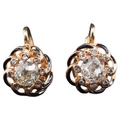 1900s 14K Yellow Gold Old Mine Diamond and Enamel Antique Earrings