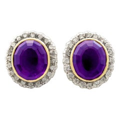 Antique 1900s 15.04 Carat Amethyst and Diamond Yellow Gold Silver Set Stud Earrings