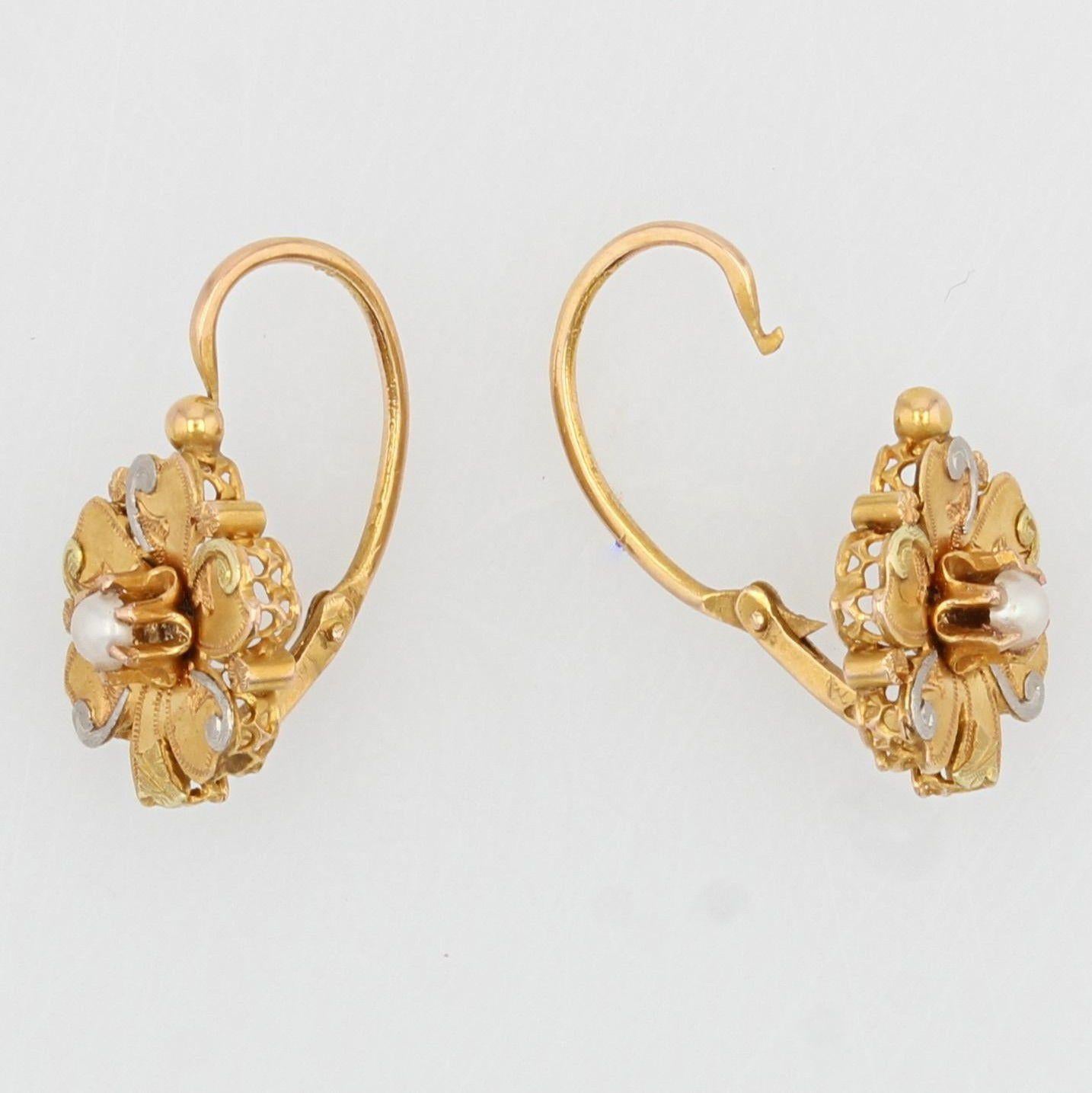 1900s 18 Karat Gold Natural Pearl Brooch Lever-Back Earrings Set 9