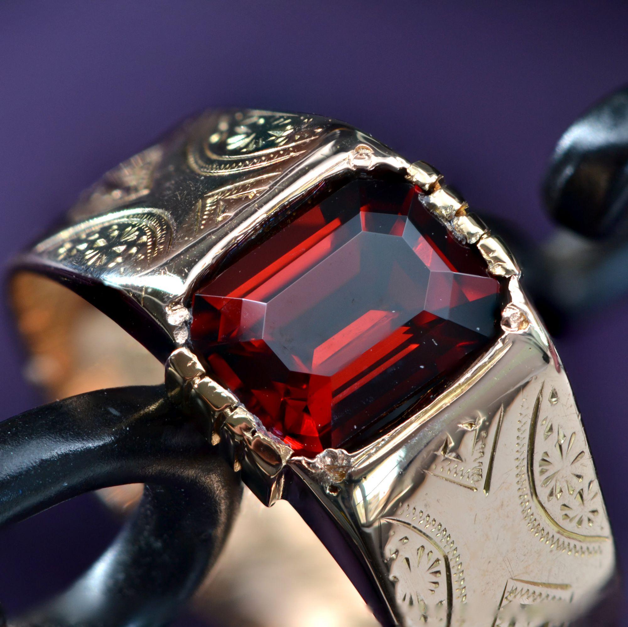 Emerald Cut 1900s 1, 80 Carat Garnet 18 Karat Rose Gold Engraved Ring For Sale