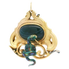 1900s 18k Yellow Gold French LEROY ET FIL Pendant w/ Black Enamel Serpent