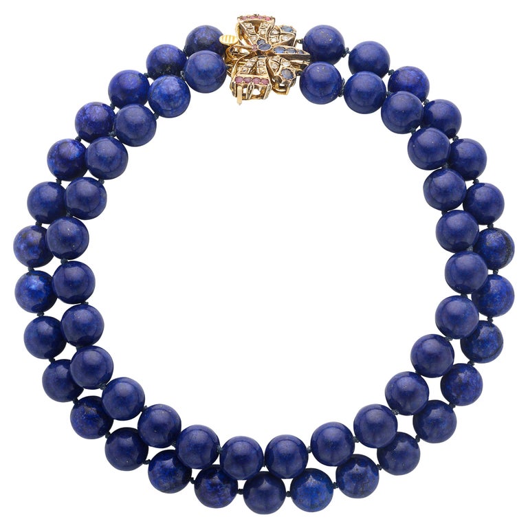 1900's 18k Yellow and Silver Lapis Bead Necklace For Sale at 1stDibs
