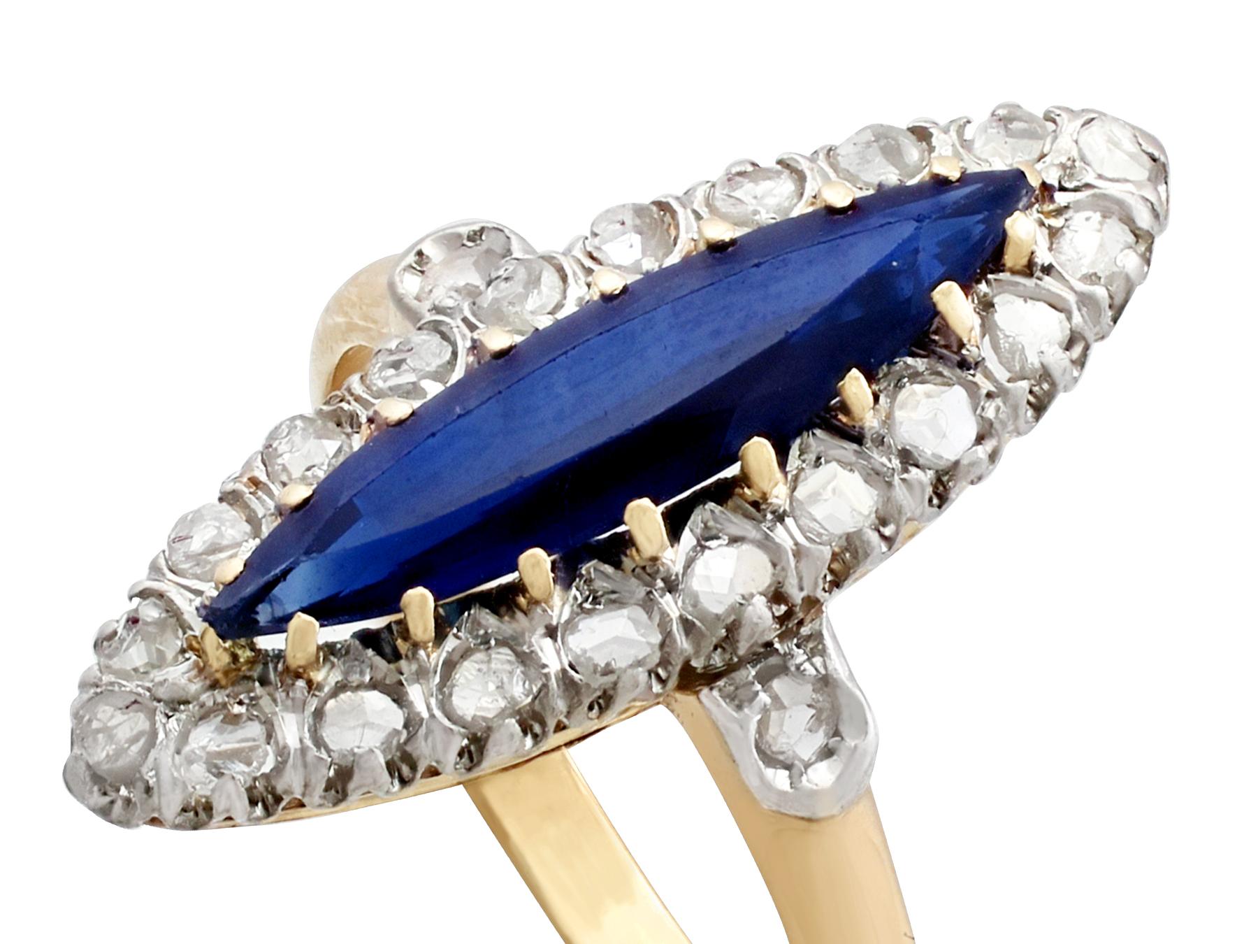 Marquise Cut 1900s 1.90 Carat Sapphire and Diamond Yellow Gold Marquise Ring 