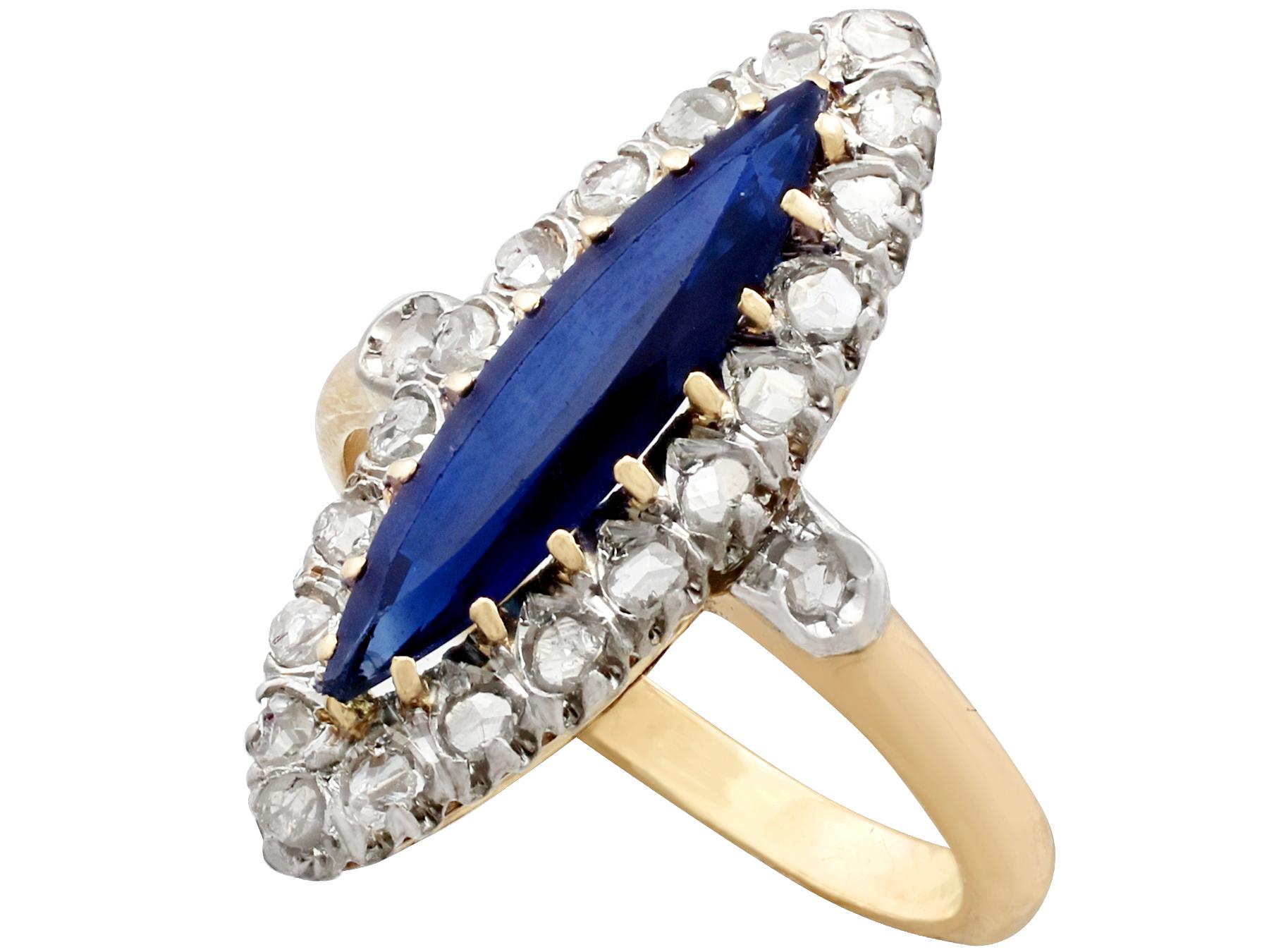 1900s 1.90 Carat Sapphire and Diamond Yellow Gold Marquise Ring  In Excellent Condition In Jesmond, Newcastle Upon Tyne