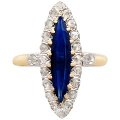 Antique 1900s 1.90 Carat Sapphire and Diamond Yellow Gold Marquise Ring 