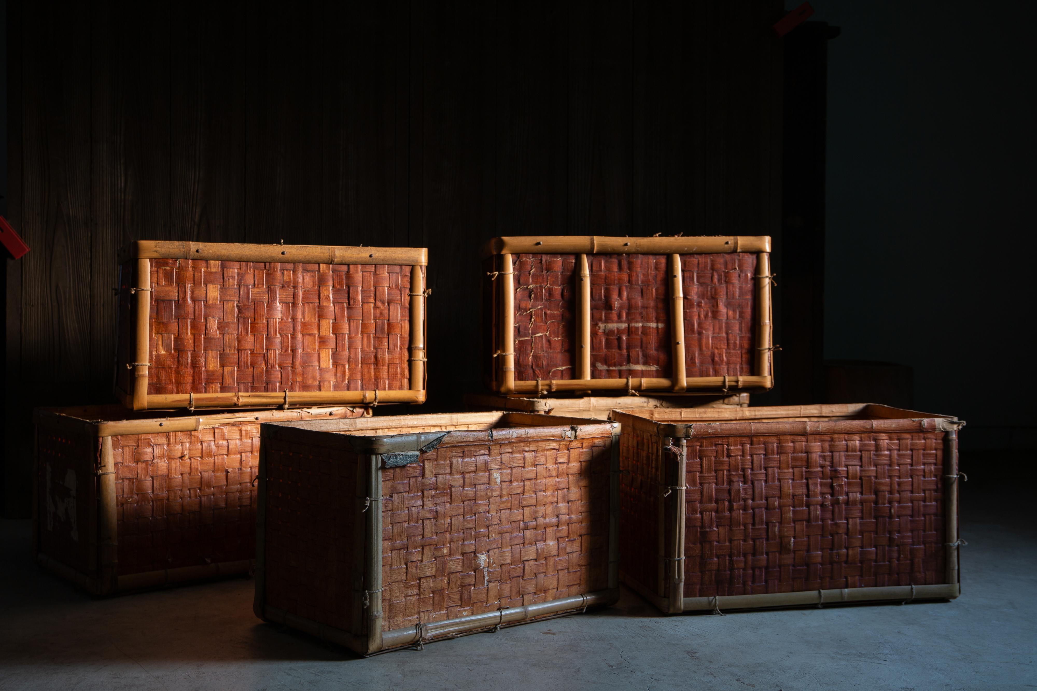 Japanese antique Kimono Tsuzura - reinforced Washi (traditional Japanese paper) coated bamboo Kimono chest. 
Currently 3 pieces - 3 pairs of extra deep lid & main unit - are available, as shown in the pictures.

- The dimensions & the price in the
