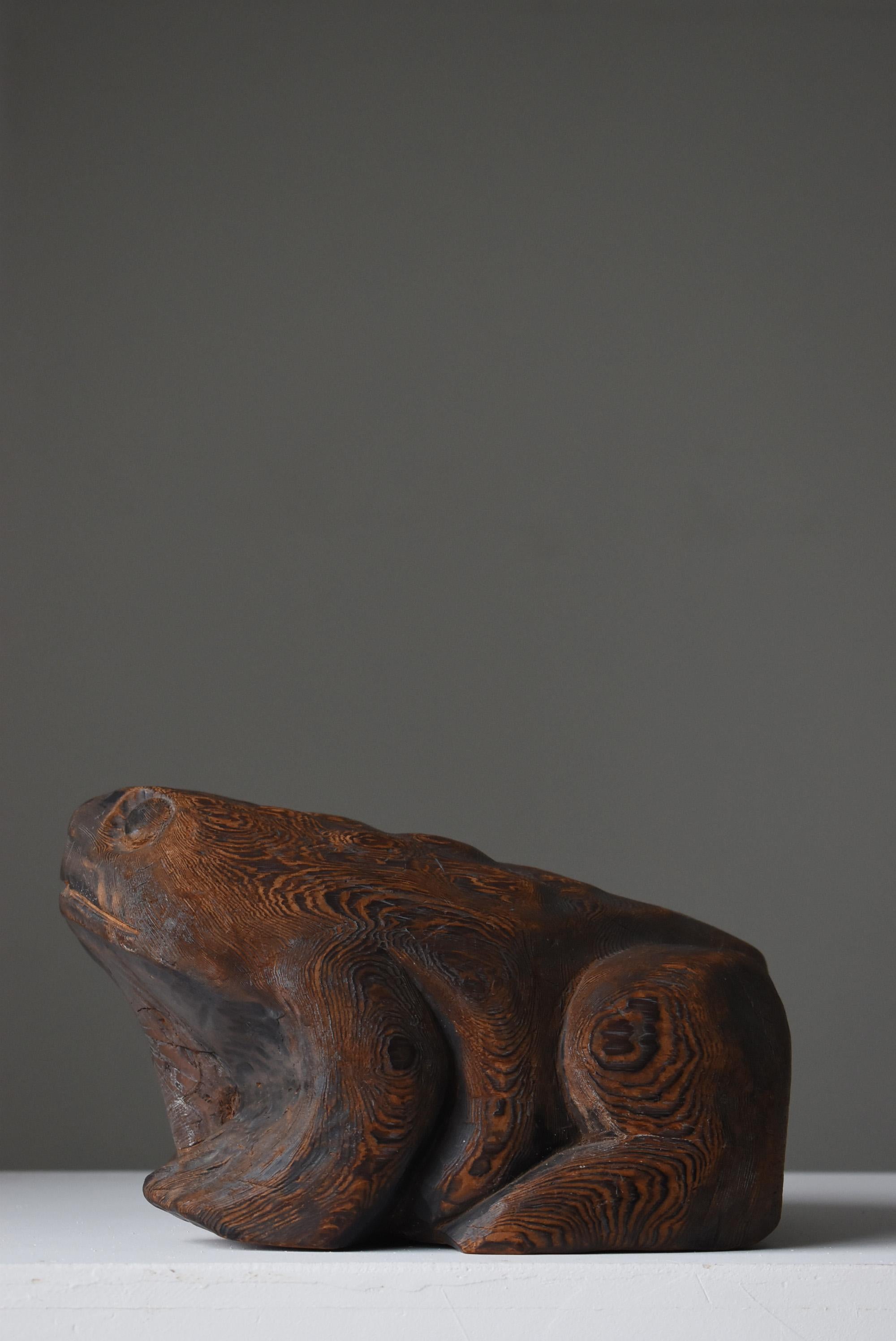 20th Century 1900s-1940s Frog God Japanese Wooden Sculpture Antique Toad Object Wabisabi