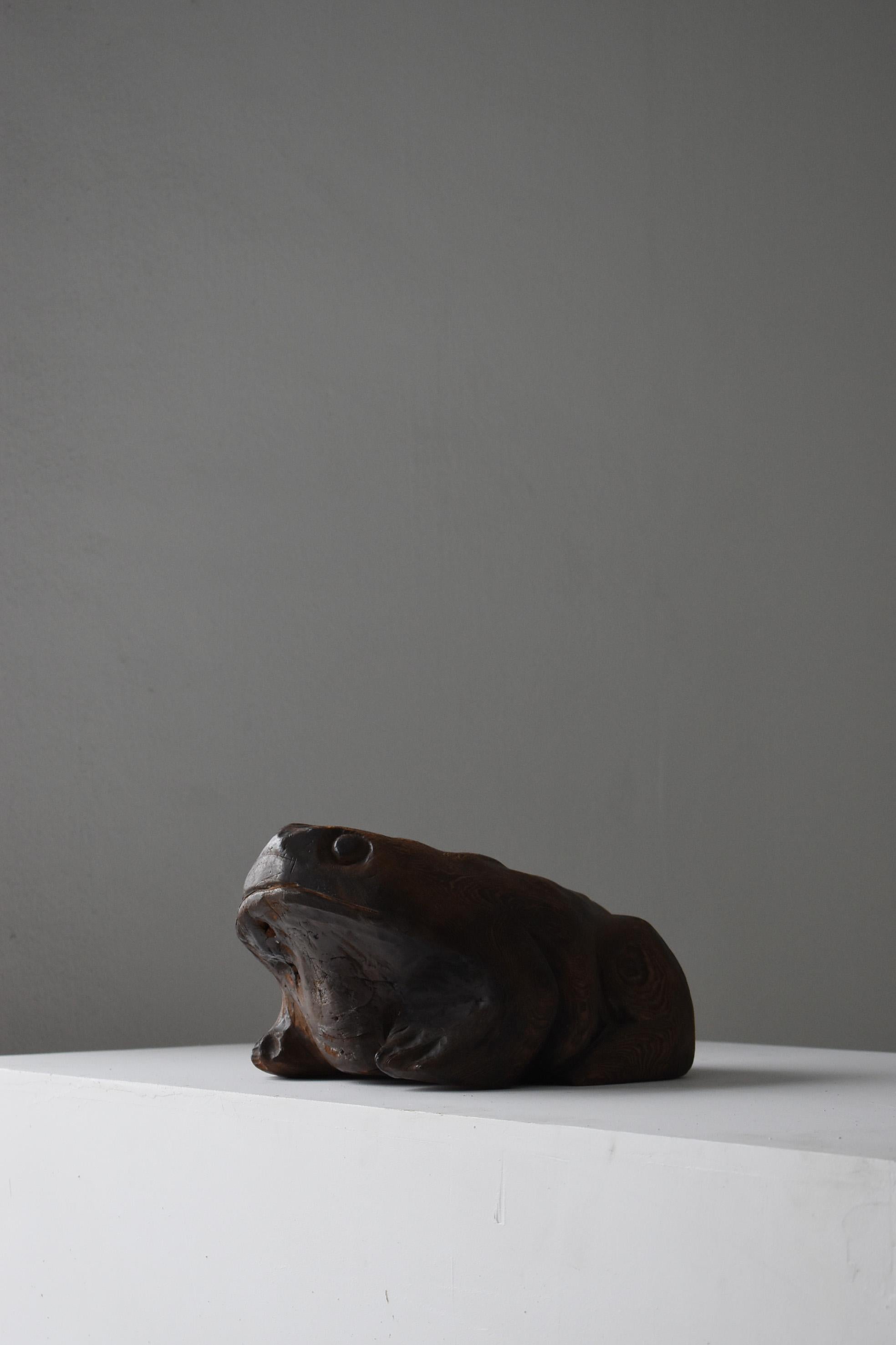 1900s-1940s Frog God Japanese Wooden Sculpture Antique Toad Object Wabisabi 2