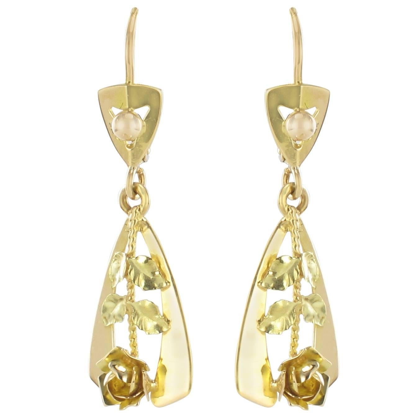 1900s 2 Golds Rose Decoration Dangle Earrings