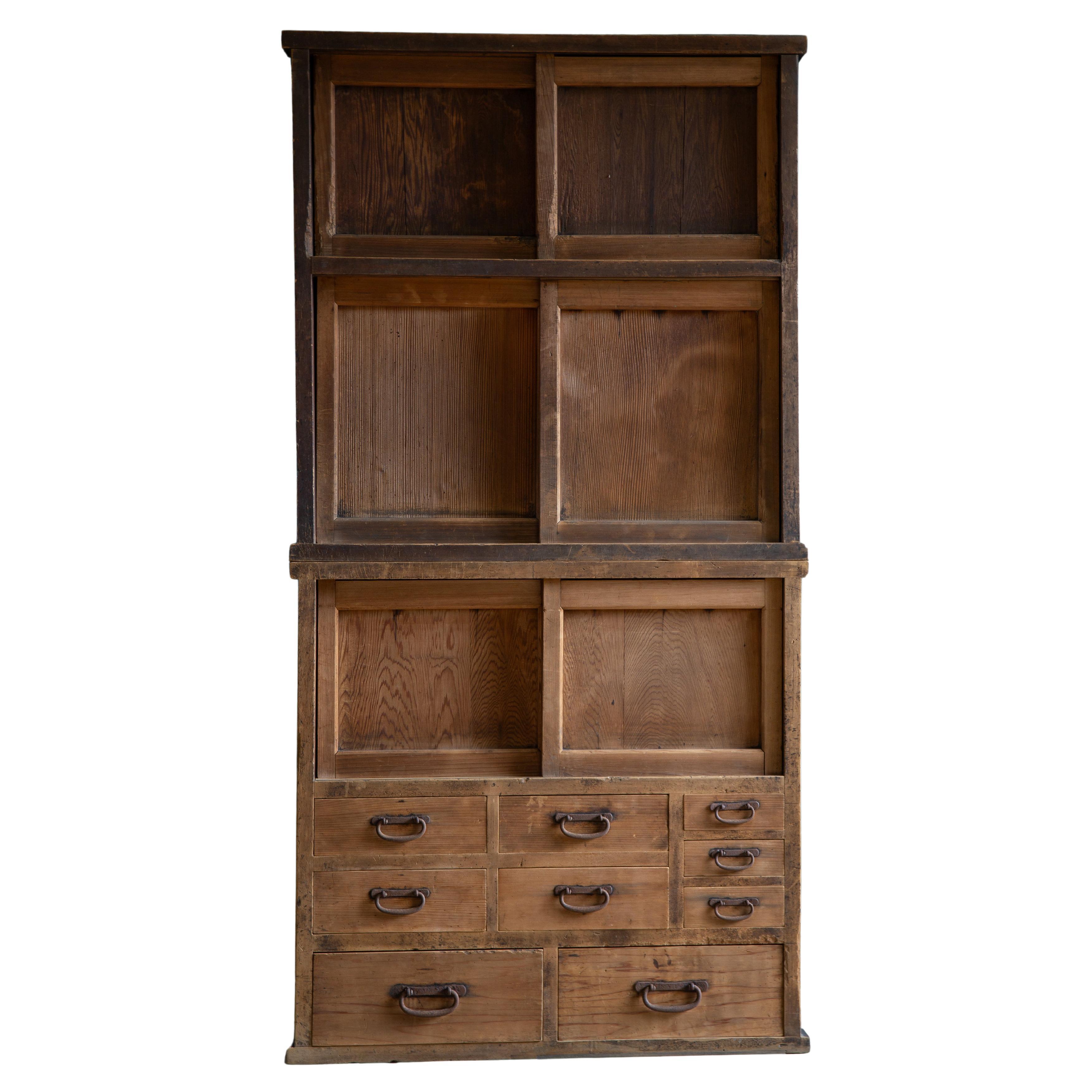 1900s-30s Japanese antique 2 tier mid Mizuya tansu chest with drawers, wabi sabi