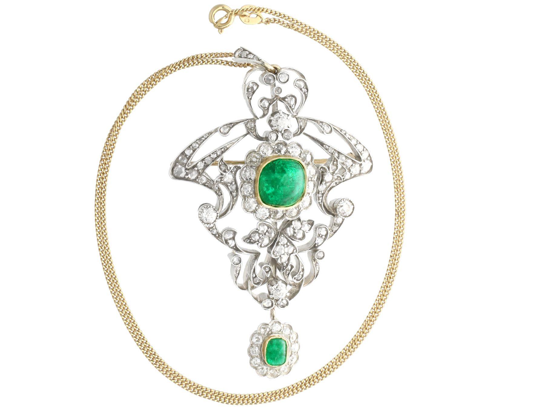 1900s 3.53ct Cabochon Cut Emerald and 5.89ct Diamond Gold Pendant / Brooch In Excellent Condition For Sale In Jesmond, Newcastle Upon Tyne