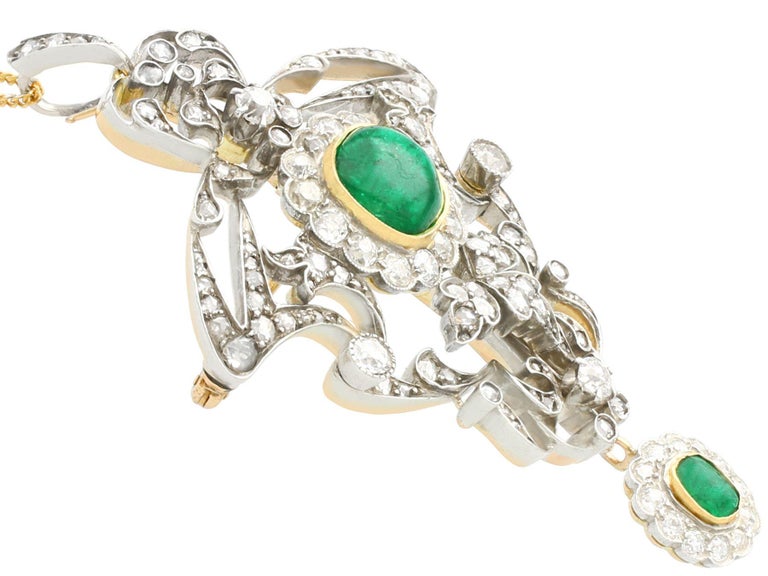 1900s 3.53ct Cabochon Cut Emerald and 5.89ct Diamond Gold Pendant / Brooch For Sale 2