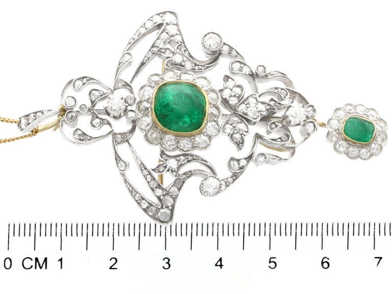 1900s 3.53ct Cabochon Cut Emerald and 5.89ct Diamond Gold Pendant / Brooch For Sale 4