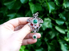 1900s 3.53ct Cabochon Cut Emerald and 5.89ct Diamond Gold Pendant / Brooch