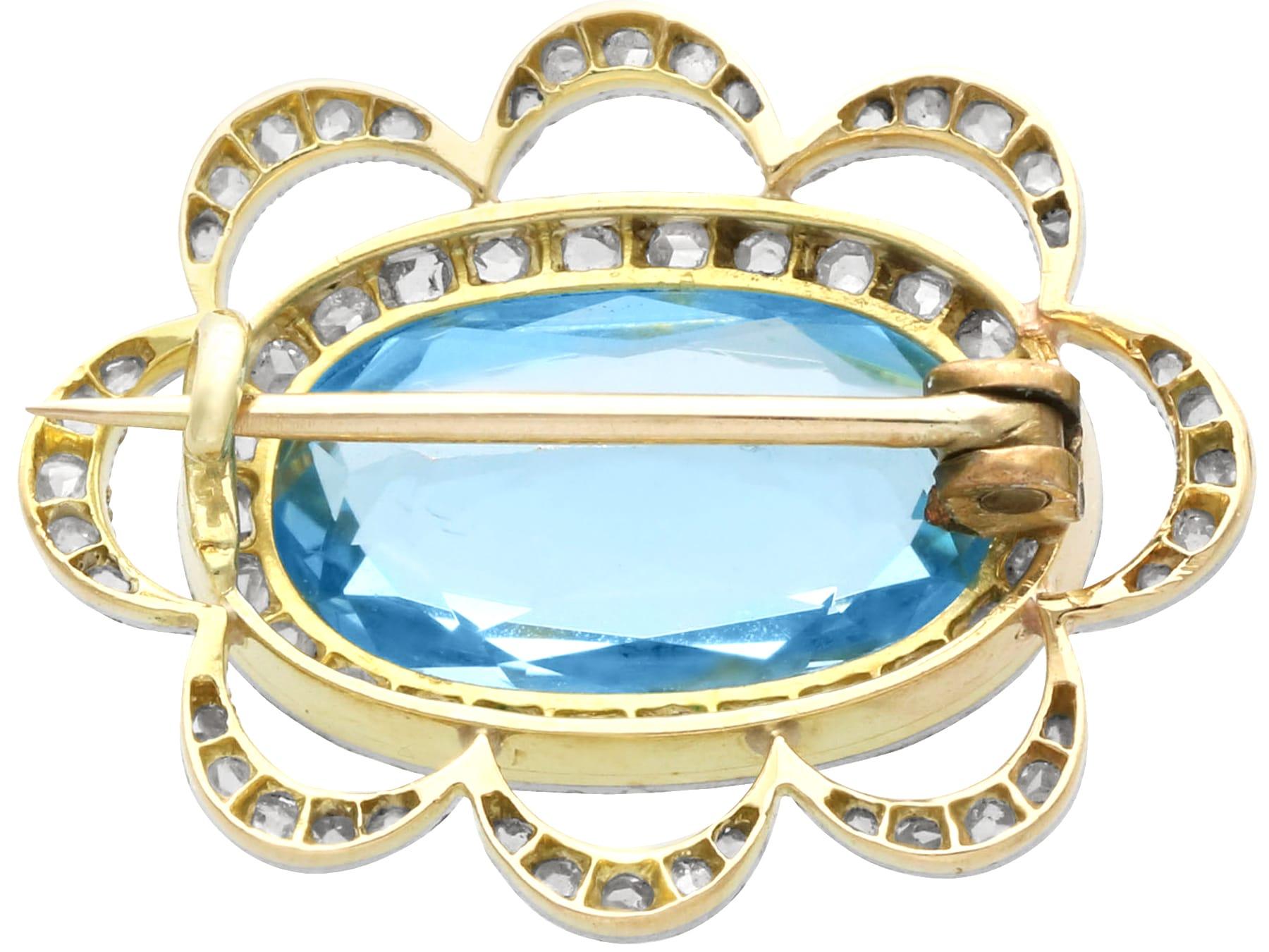 Oval Cut 1900s 3.55 Carat Aquamarine and 0.59 Carat Diamond 15k Yellow Gold Brooch  For Sale