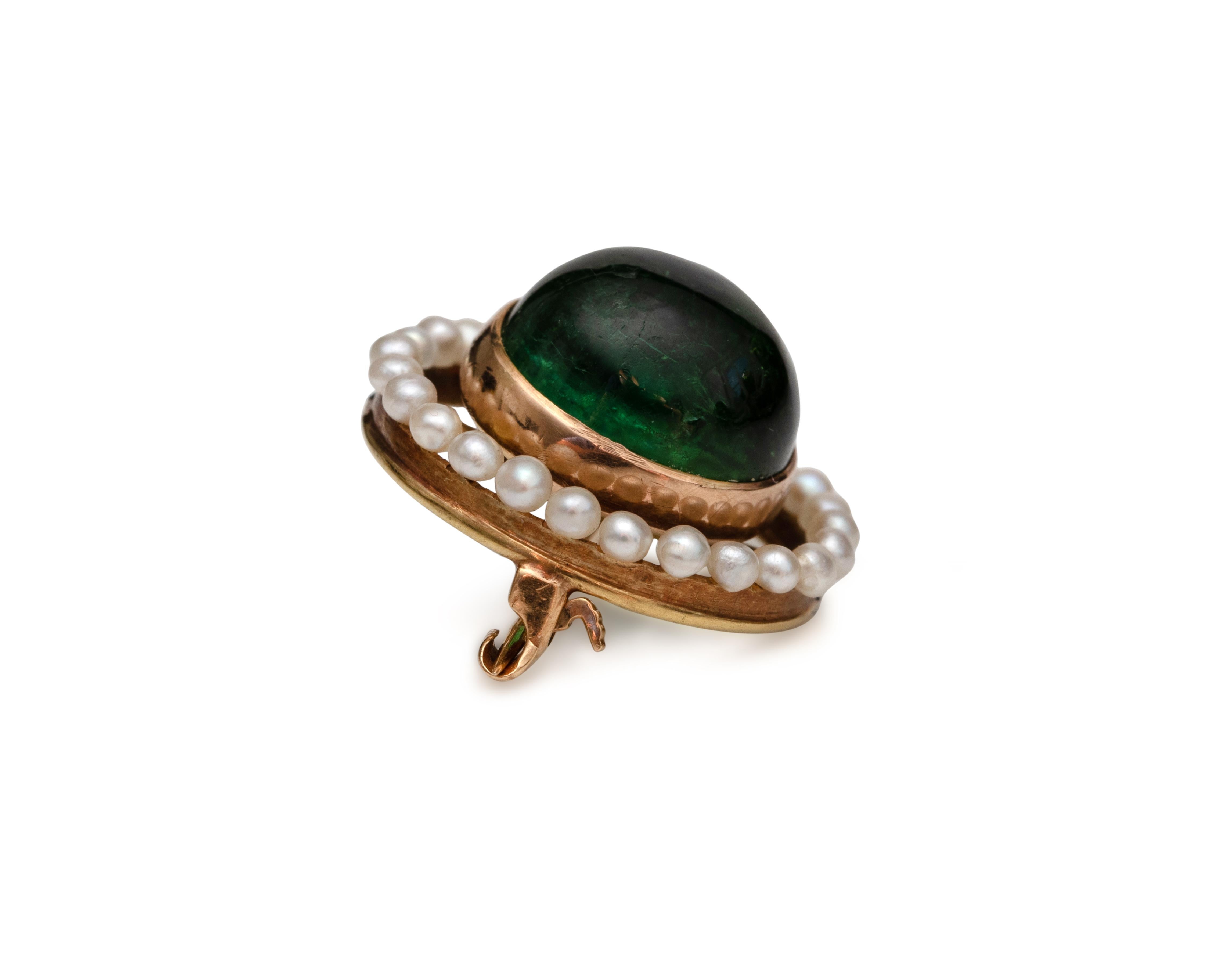 Edwardian 1900s 4 Carat Tourmaline and Sea Pearl Lapel Pin For Sale