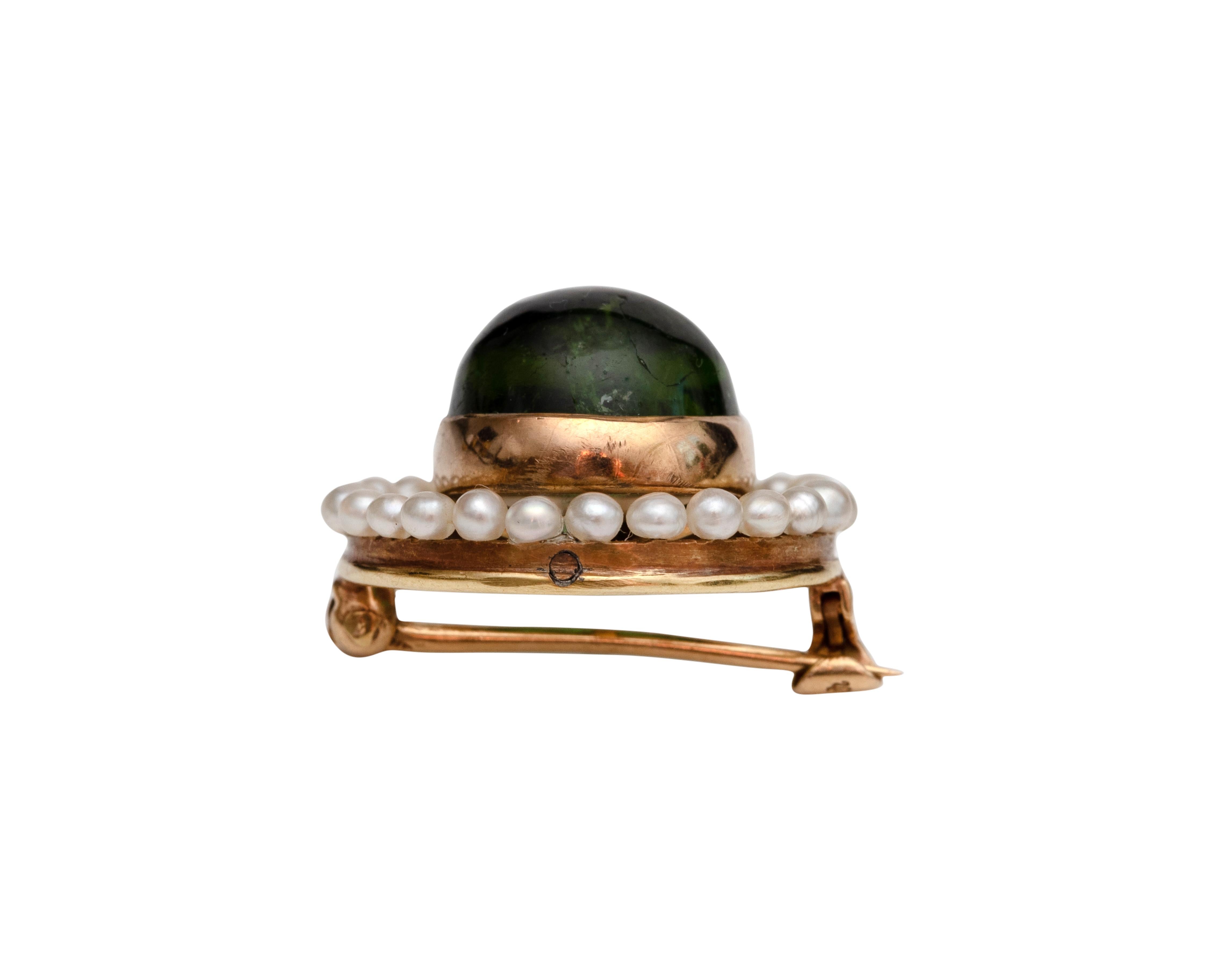 Round Cut 1900s 4 Carat Tourmaline and Sea Pearl Lapel Pin For Sale