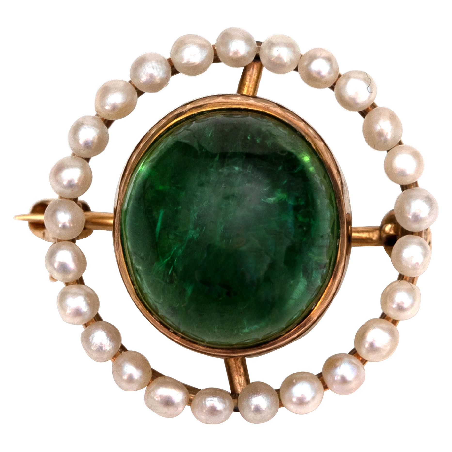 1900s 4 Carat Tourmaline and Sea Pearl Lapel Pin For Sale