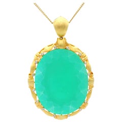 Antique 1900s 51.69Ct Cabochon Cut Chrysoprase and Diamond Yellow Gold Pendant