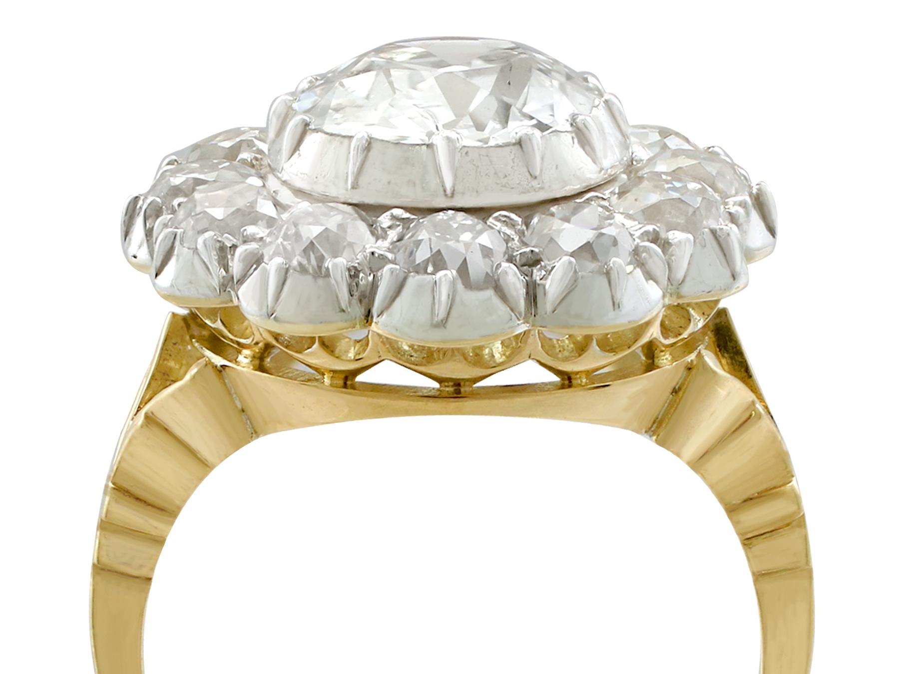 A stunning large 5.27 carat diamond and 18 karat yellow gold, silver set cluster style cocktail ring; part of our diverse antique jewelry and estate jewelry collections

This stunning, fine and impressive large diamond cluster ring has been crafted