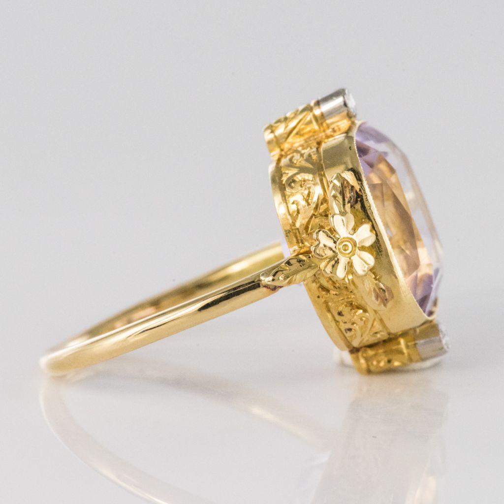 1900s 7.75 Carat Cushion Cut Amethyst Rose Cut Diamond Yellow Gold Ring 4