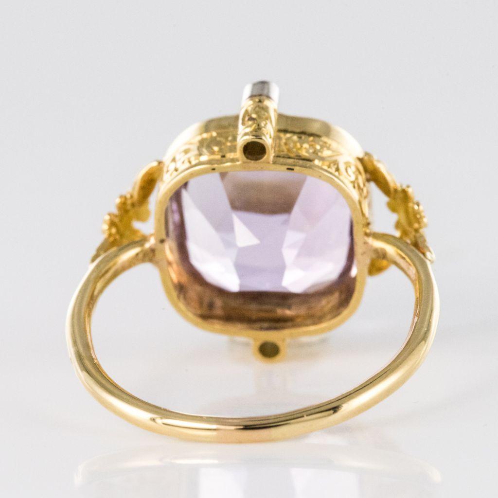 1900s 7.75 Carat Cushion Cut Amethyst Rose Cut Diamond Yellow Gold Ring 5