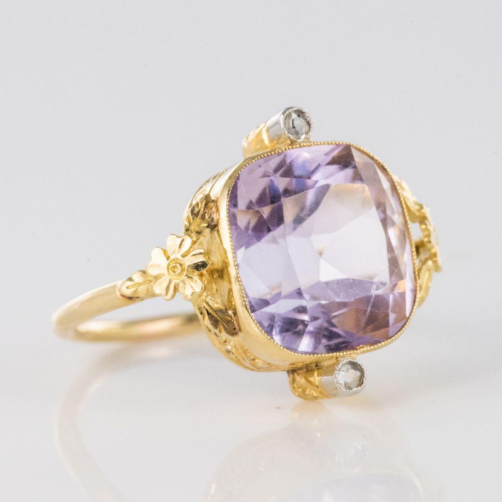 1900s 7.75 Carat Cushion Cut Amethyst Rose Cut Diamond Yellow Gold Ring 2