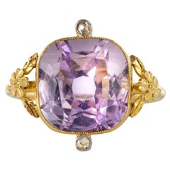 Antique 1900s 7.75 Carat Cushion Cut Amethyst Rose Cut Diamond Yellow Gold Ring