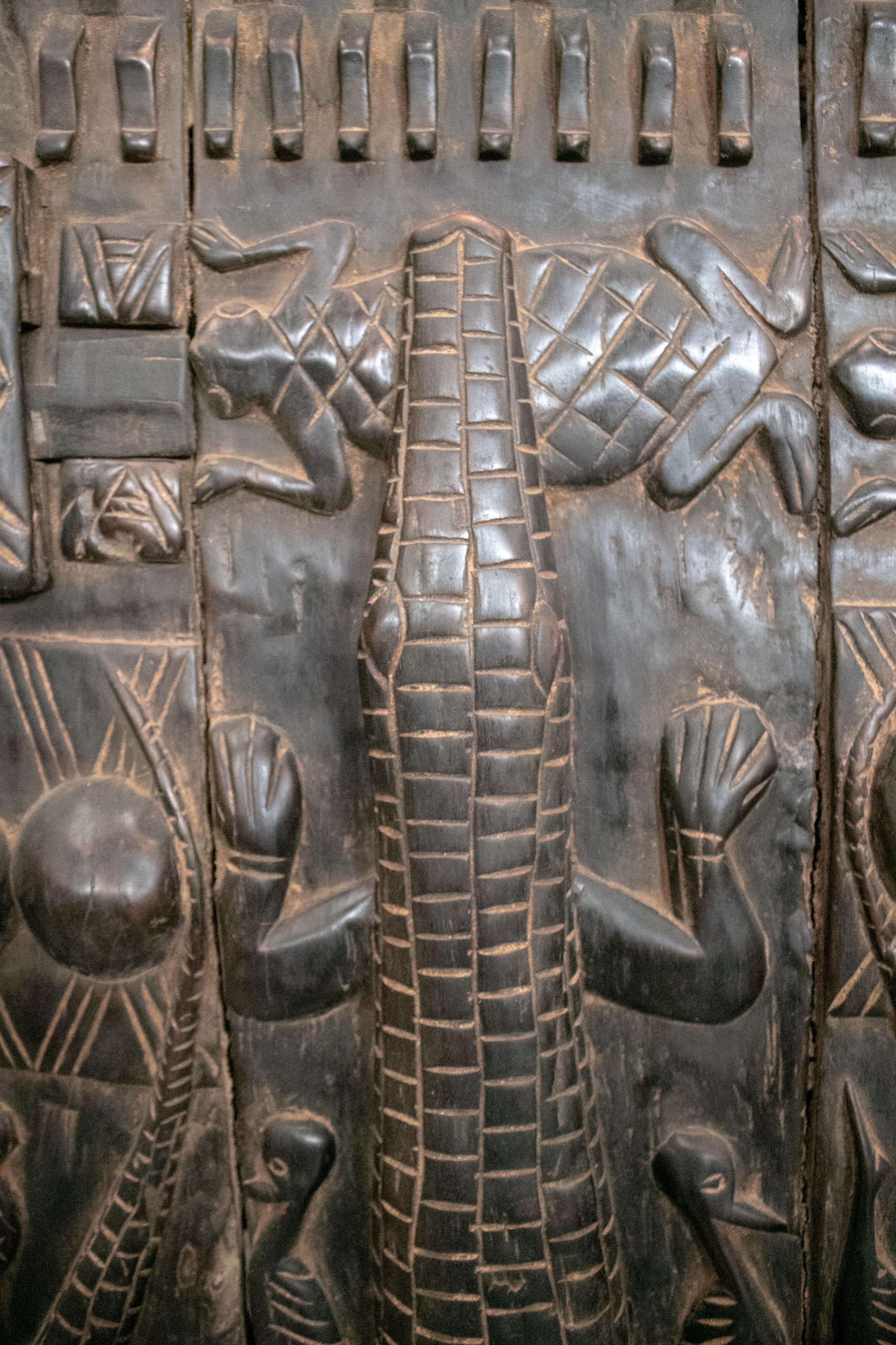 1900s African Wooden Door with Hand Carved Ethnic Human and Animal Relief 1