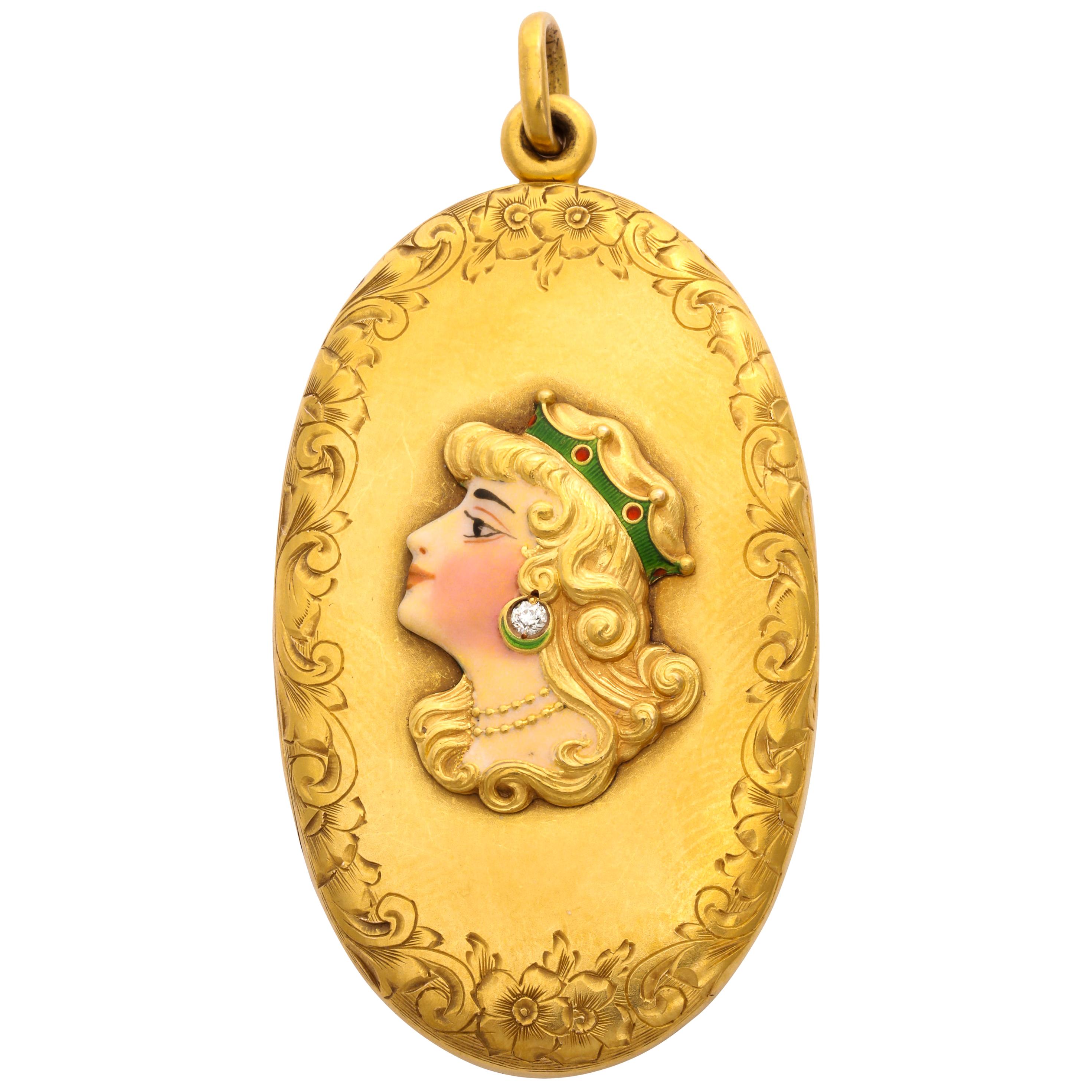1900er Jahre Alling & Co. Amerikanisches Jugendstil-Medaillon aus emailliertem Gold
